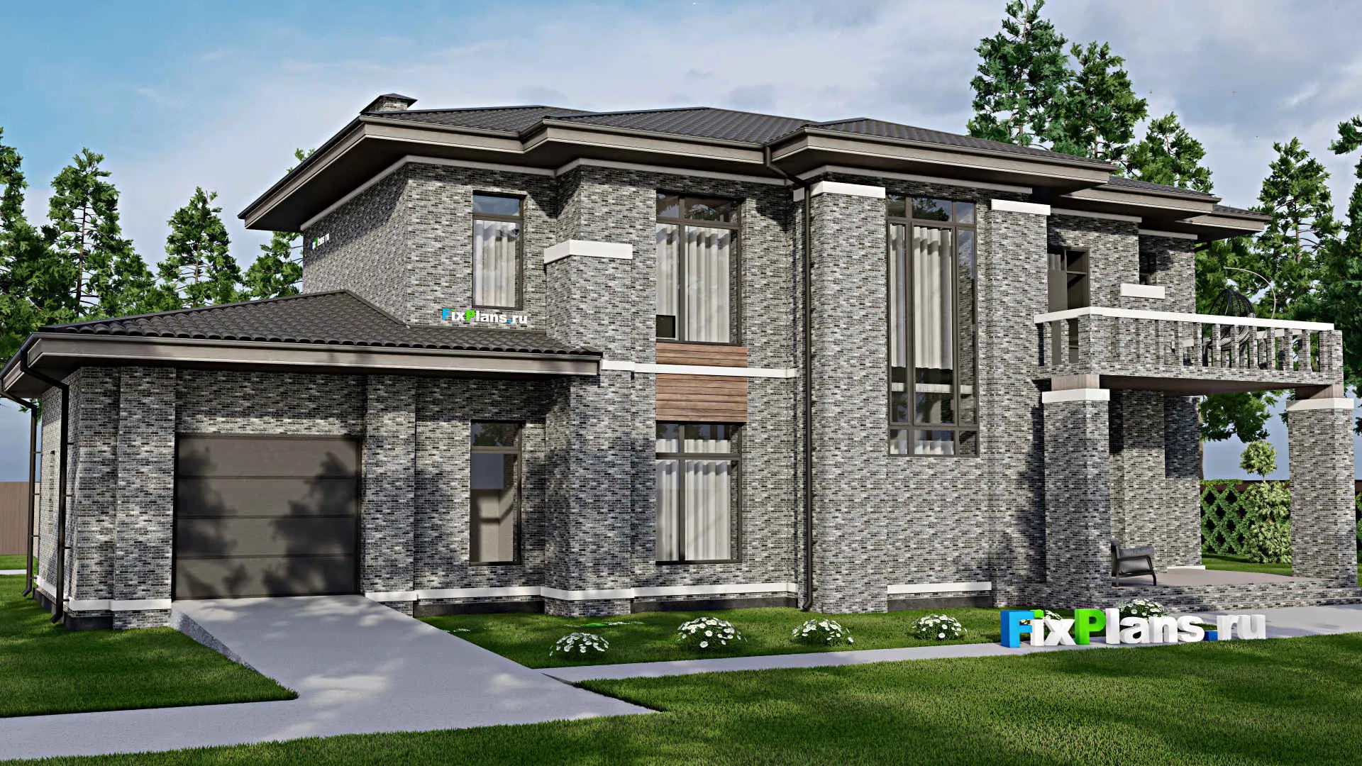 F-4436 - Планы двухэтажного дома 16 на 23, площадью 320 м² с террасой, балконом, гаражом на 1 машину и 4 спальнями