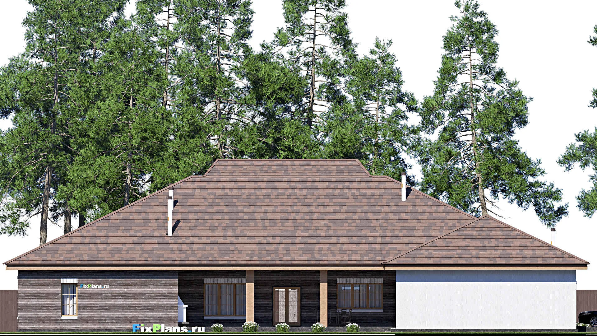 F-19925 - План одноэтажного дома 31 на 31, площадью 470 м² с террасой, гаражом на 2 машины и 4 спальнями