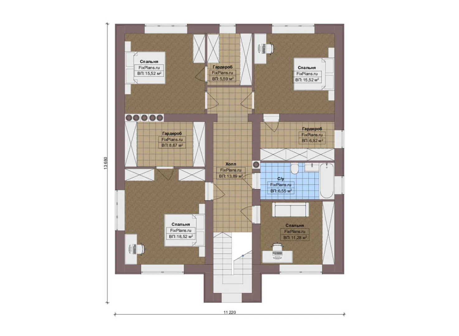 F-20042 - Планы двухэтажного дома 12 на 14, площадью 220 м² с 5 спальнями