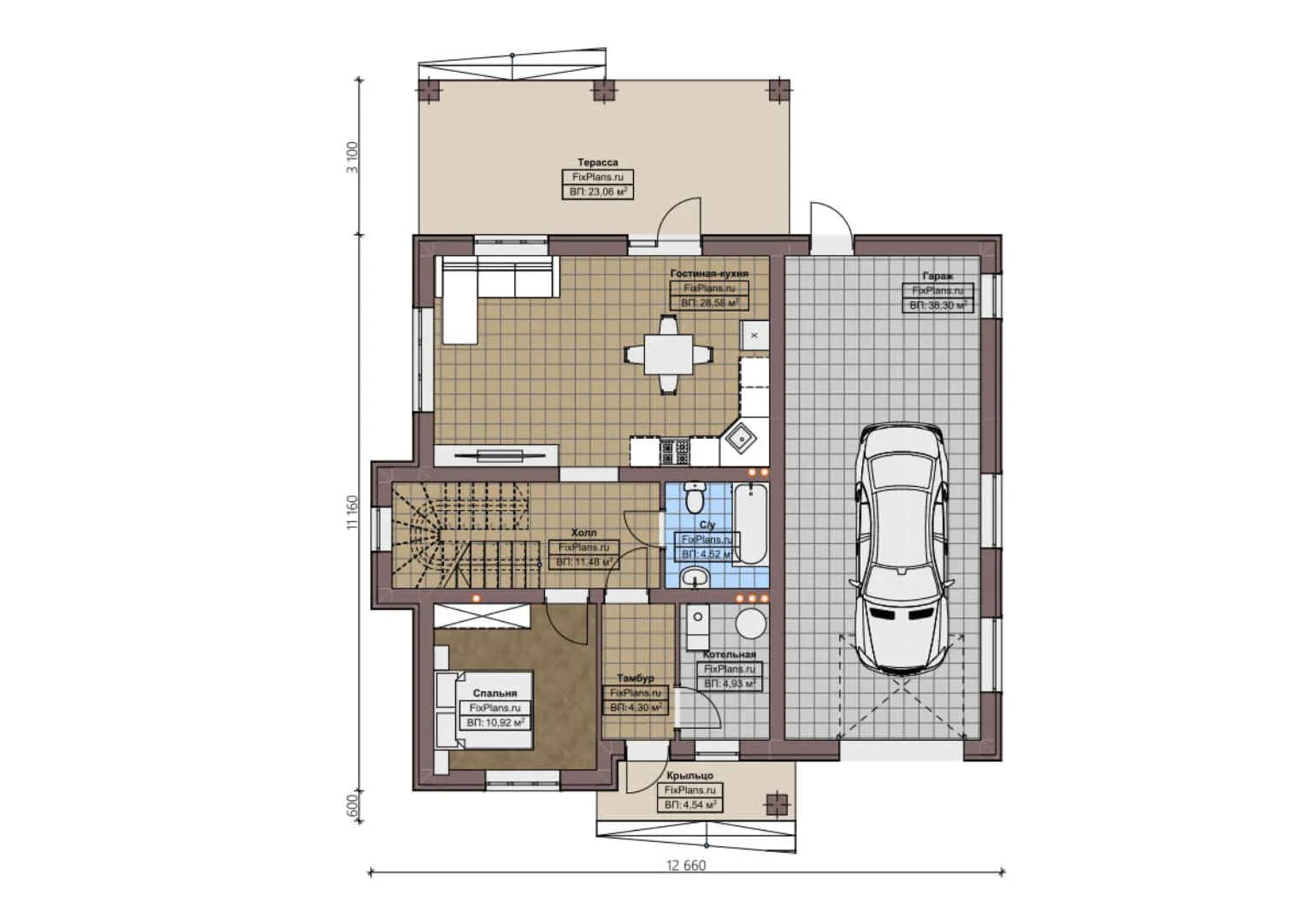 F-3554 - Планы двухэтажного дома 12 на 13, площадью 190 м² с террасой, гаражом на 2 машины и 5 спальнями