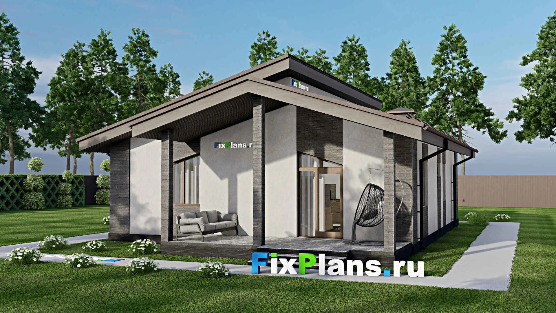 F-6335 - План одноэтажного дома 11 на 13, площадью 120 м² с террасой и 3 спальнями