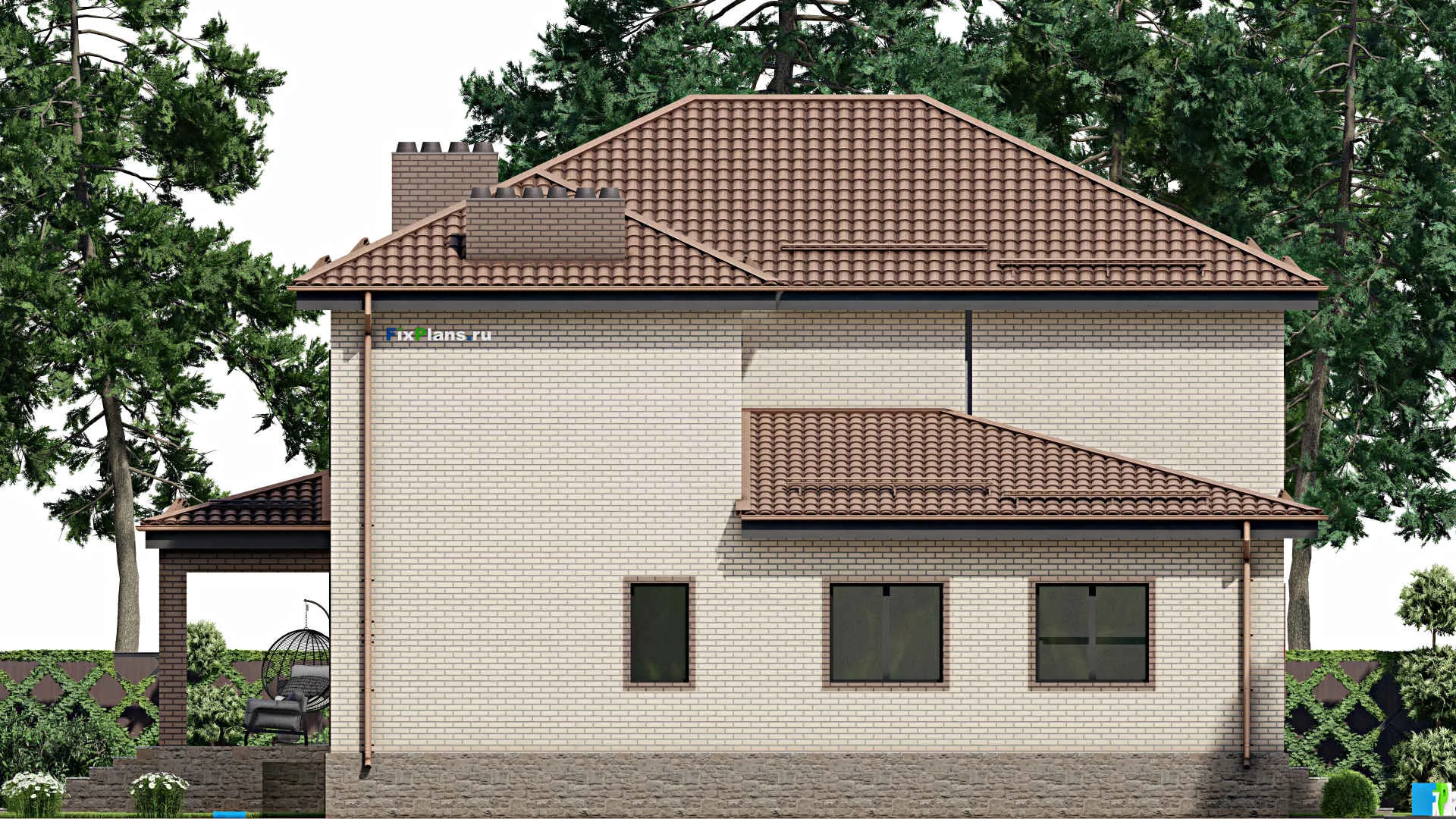 F-3086 - Планы двухэтажного дома 17 на 18, площадью 410 м² с террасой, цокольным этажом, баней, гаражом на 1 машину и 5 спальнями