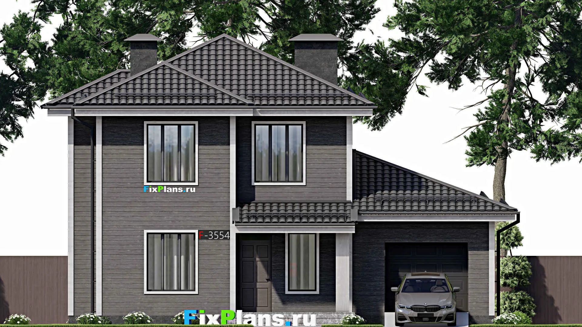 F-3554 - Планы двухэтажного дома 12 на 13, площадью 190 м² с террасой, гаражом на 2 машины и 5 спальнями