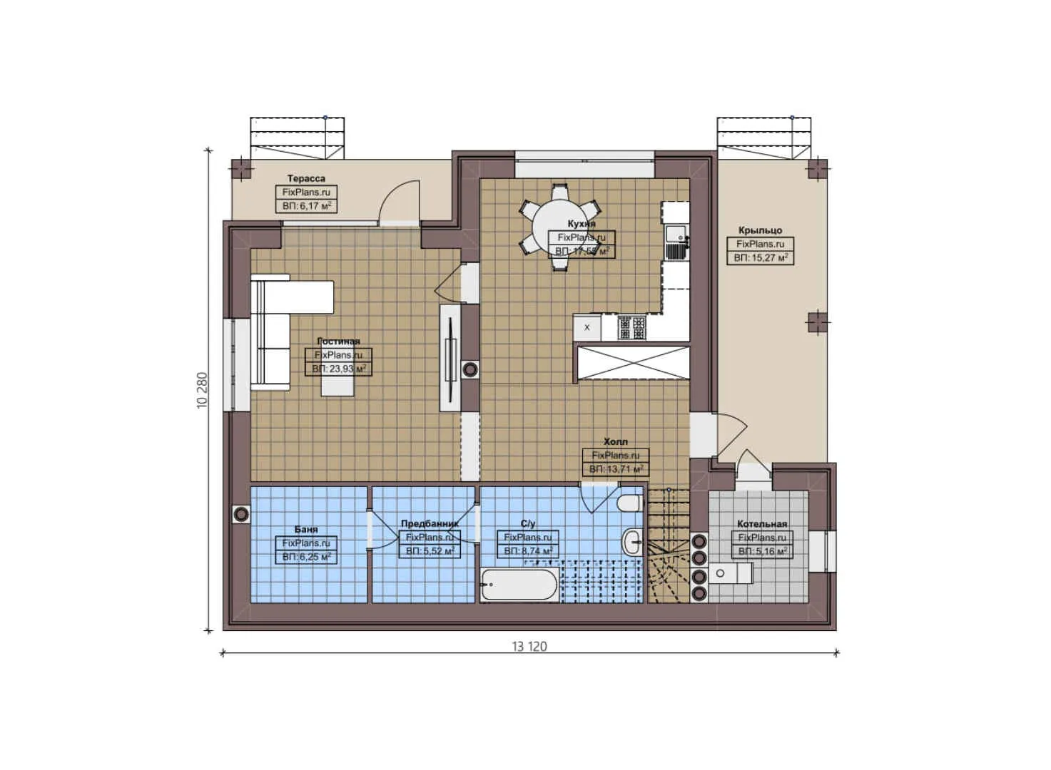 F-2627 - Планы дома с мансардой 11 на 14, площадью 190 м² с террасой, балконом, баней и 3 спальнями