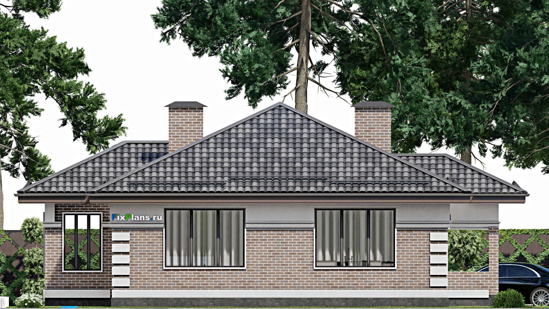 F-7424 - Проект одноэтажного дома 14 на 19, площадью 170 м² с террасой, гаражом на 1 машину и 2 спальнями