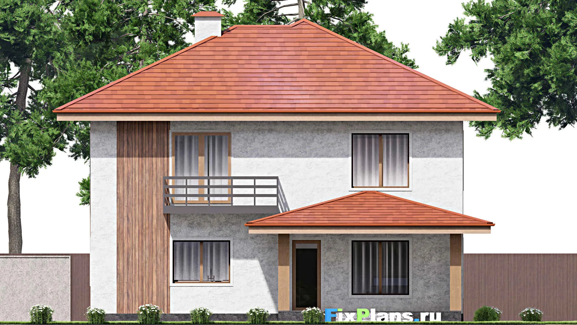 F-13859 - Планы двухэтажного дома 13 на 18, площадью 290 м² с террасой, балконом и 4 спальнями