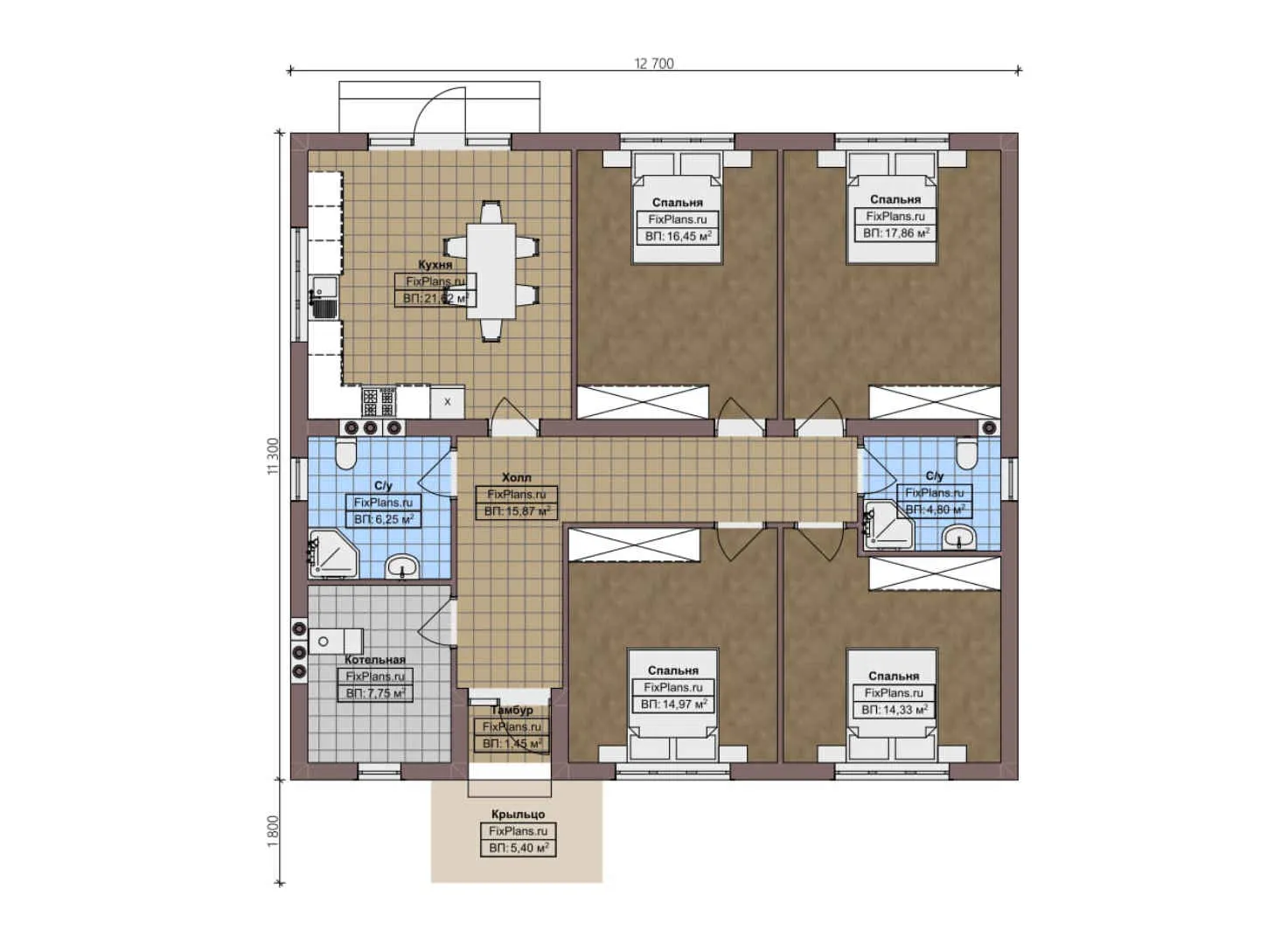 F-3977 - План одноэтажного дома 12 на 13, площадью 130 м² с 4 спальнями