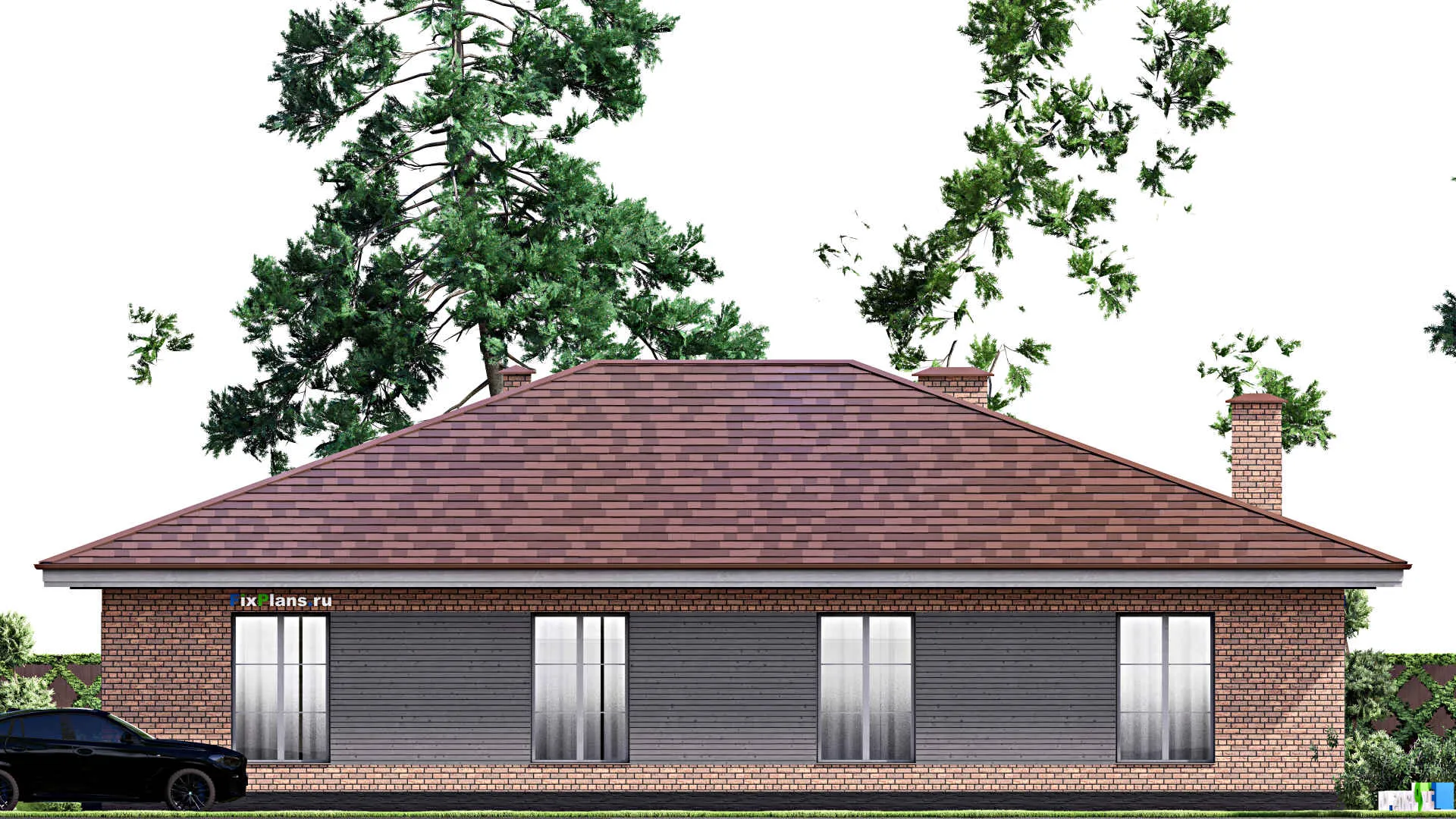 F-15236 - План одноэтажного дома 15 на 19, площадью 210 м² с террасой и 4 спальнями