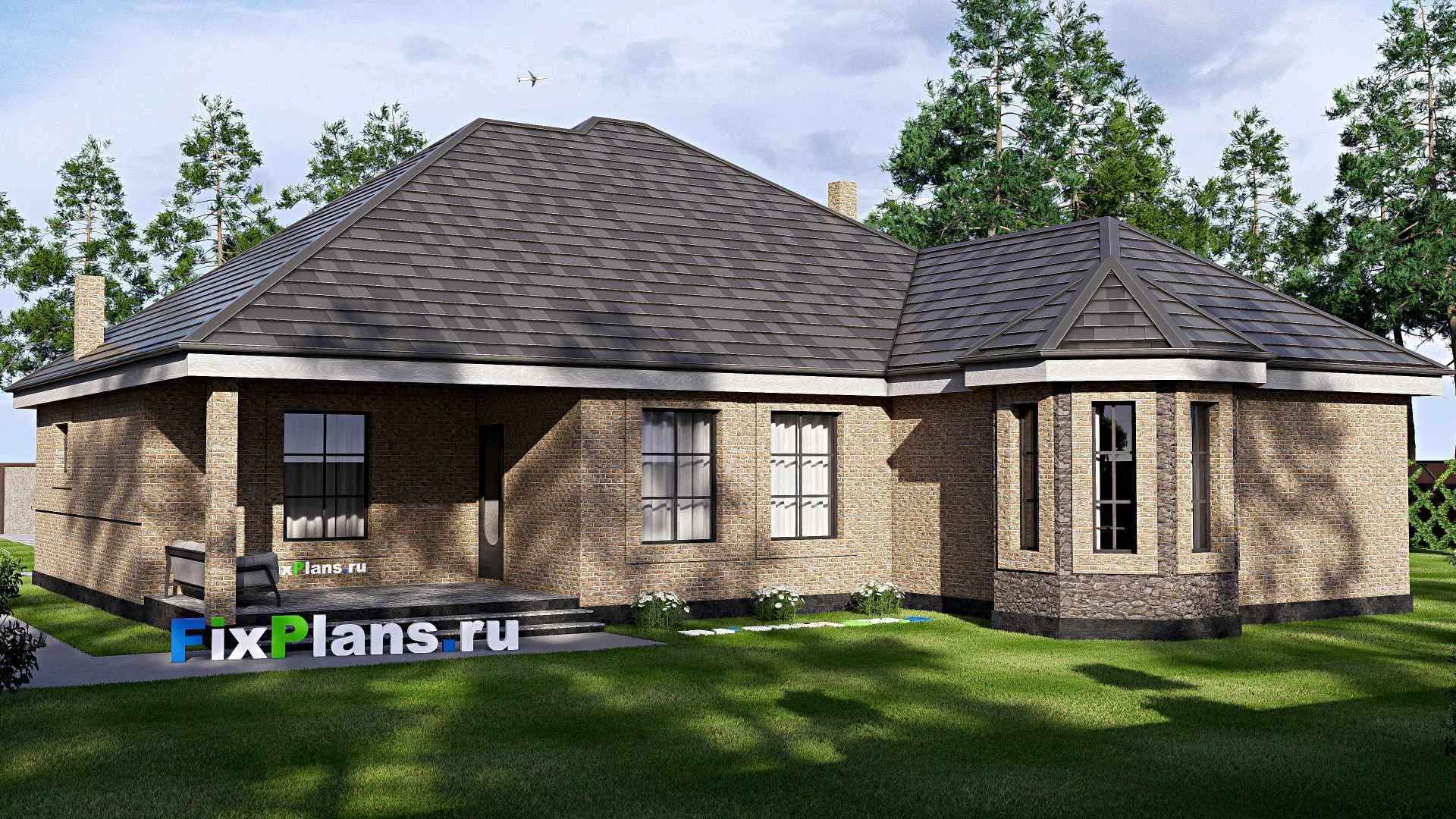 F-17189 - Проект одноэтажного дома 17 на 28, площадью 280 м² с террасой, гаражом на 2 машины и 3 спальнями