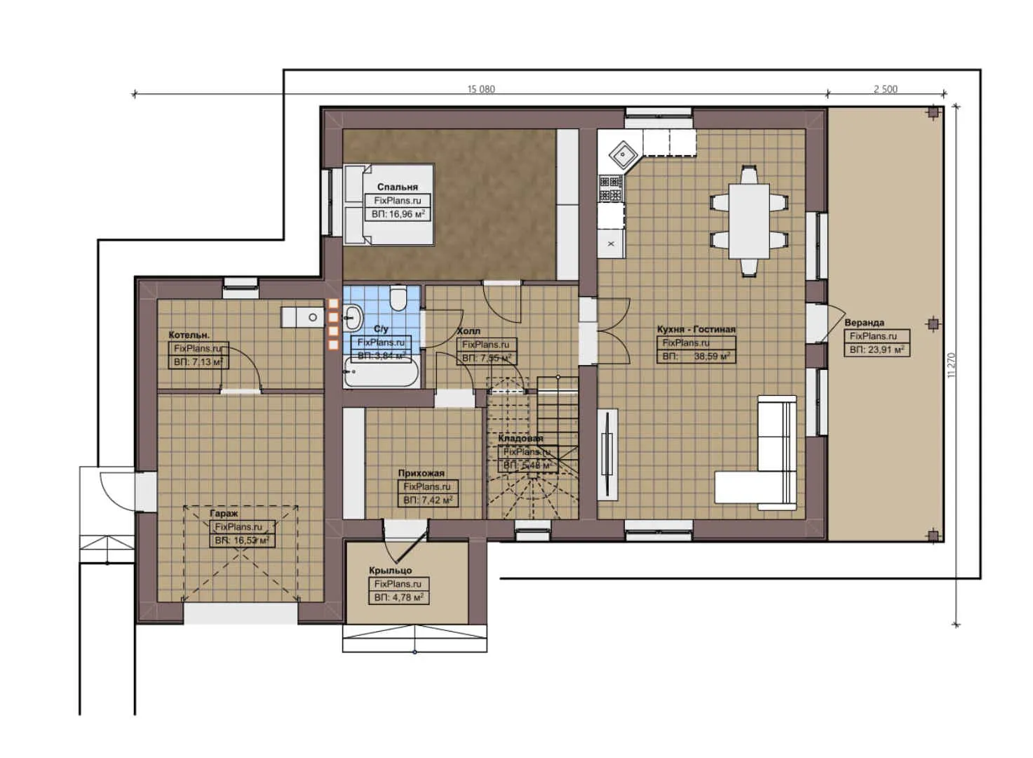 F-2438 - Планы двухэтажного дома 12 на 16, площадью 250 м² с террасой, балконом, гаражом на 1 машину и 4 спальнями