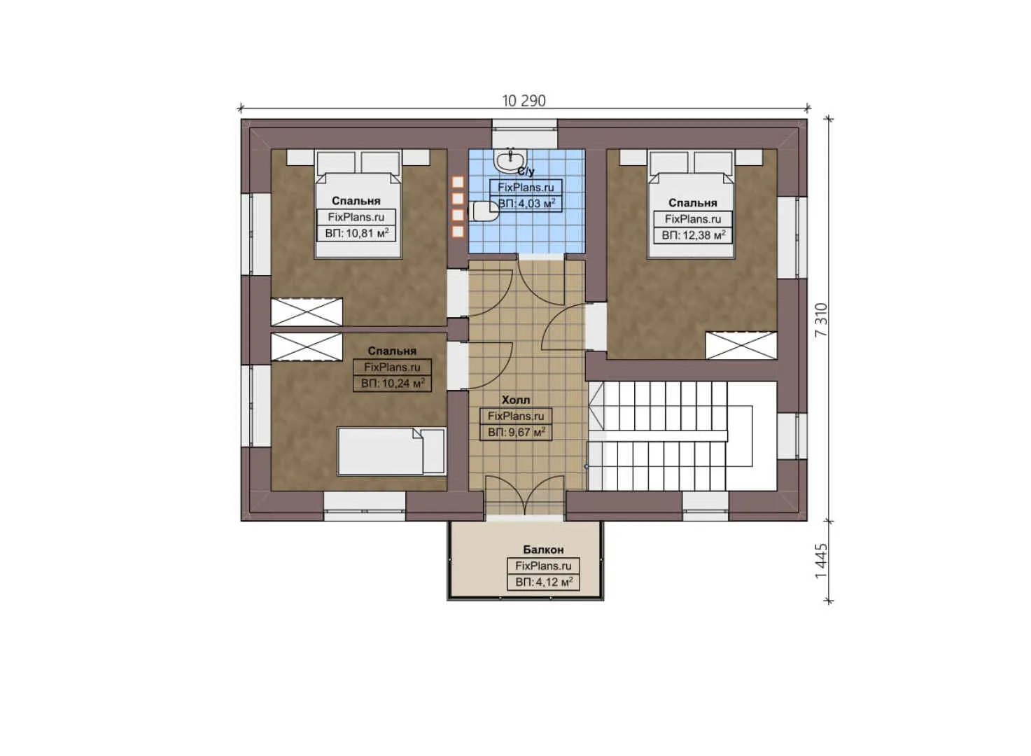 F-2870 - Планы двухэтажного дома 8 на 11, площадью 110 м² с балконом и 4 спальнями