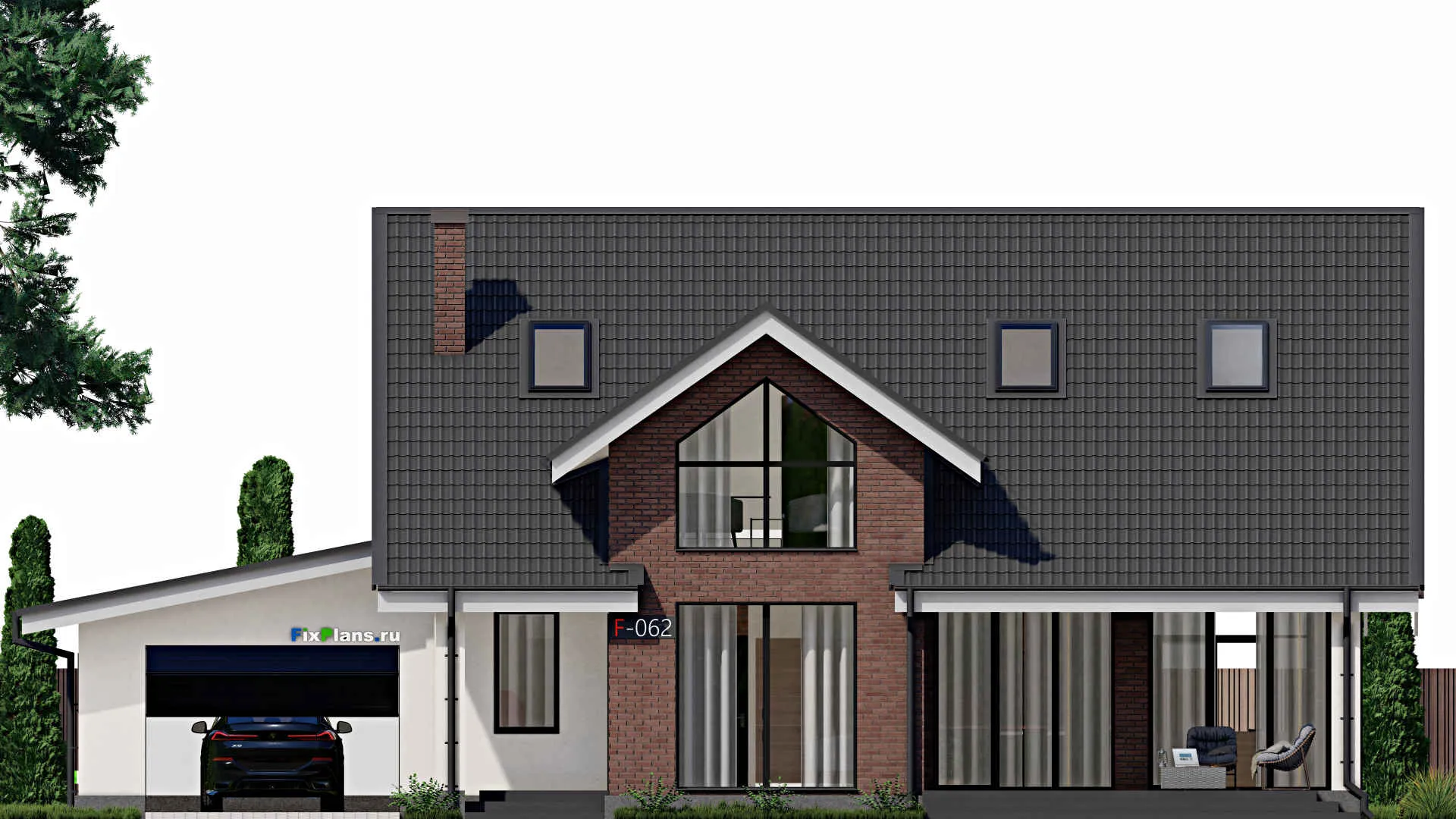 F-0062 - Проект дома с мансардой 14 на 18, площадью 280 м² с террасой, гаражом на 2 машины и 3 спальнями