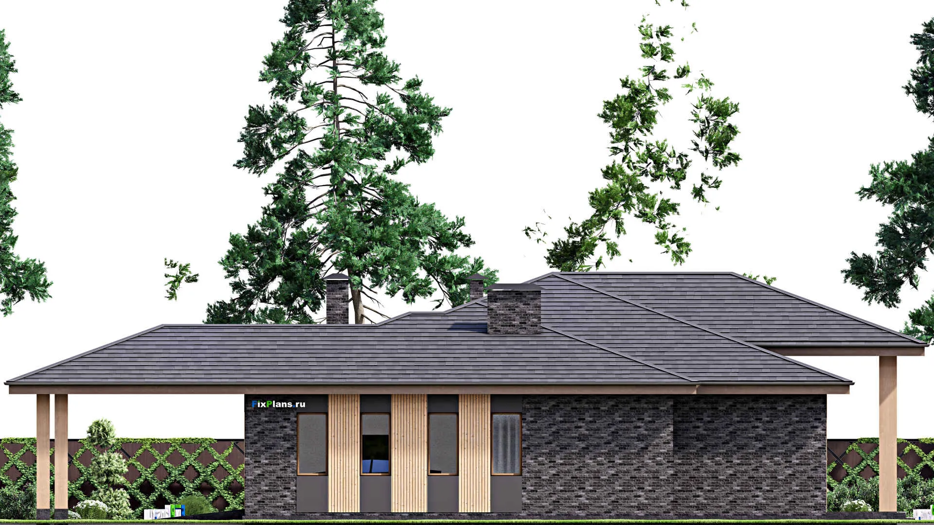 F-13580 - План одноэтажного дома 19 на 22, площадью 310 м² с гаражом на 2 машины и 3 спальнями