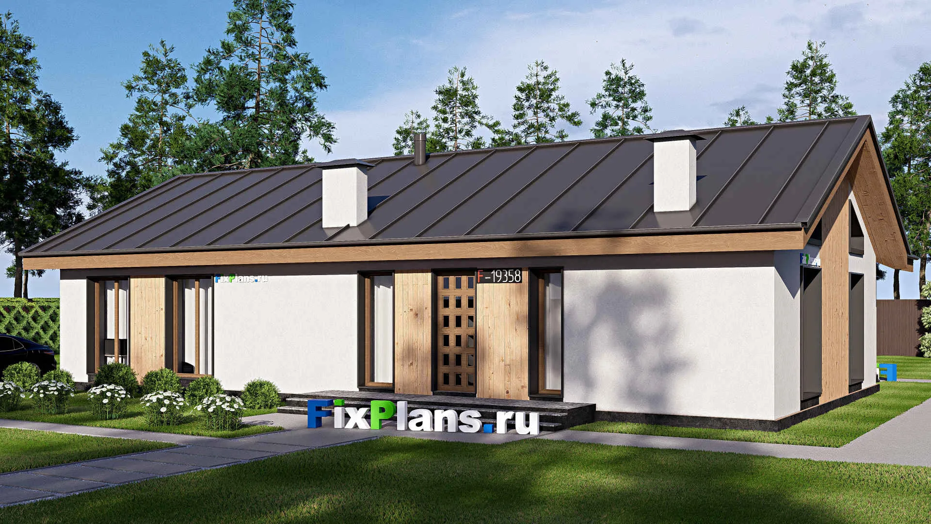 F-19358 - Проект одноэтажного дома 14 на 18, площадью 160 м² с террасой и 5 спальнями