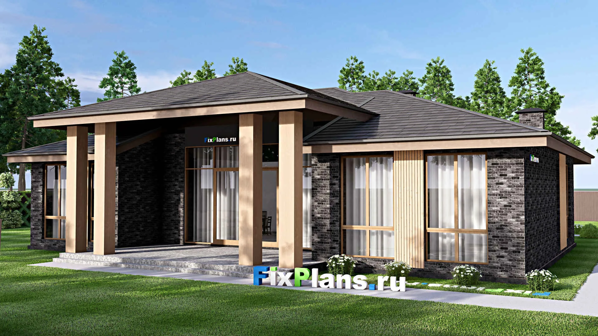 F-13580 - План одноэтажного дома 19 на 22, площадью 310 м² с гаражом на 2 машины и 3 спальнями