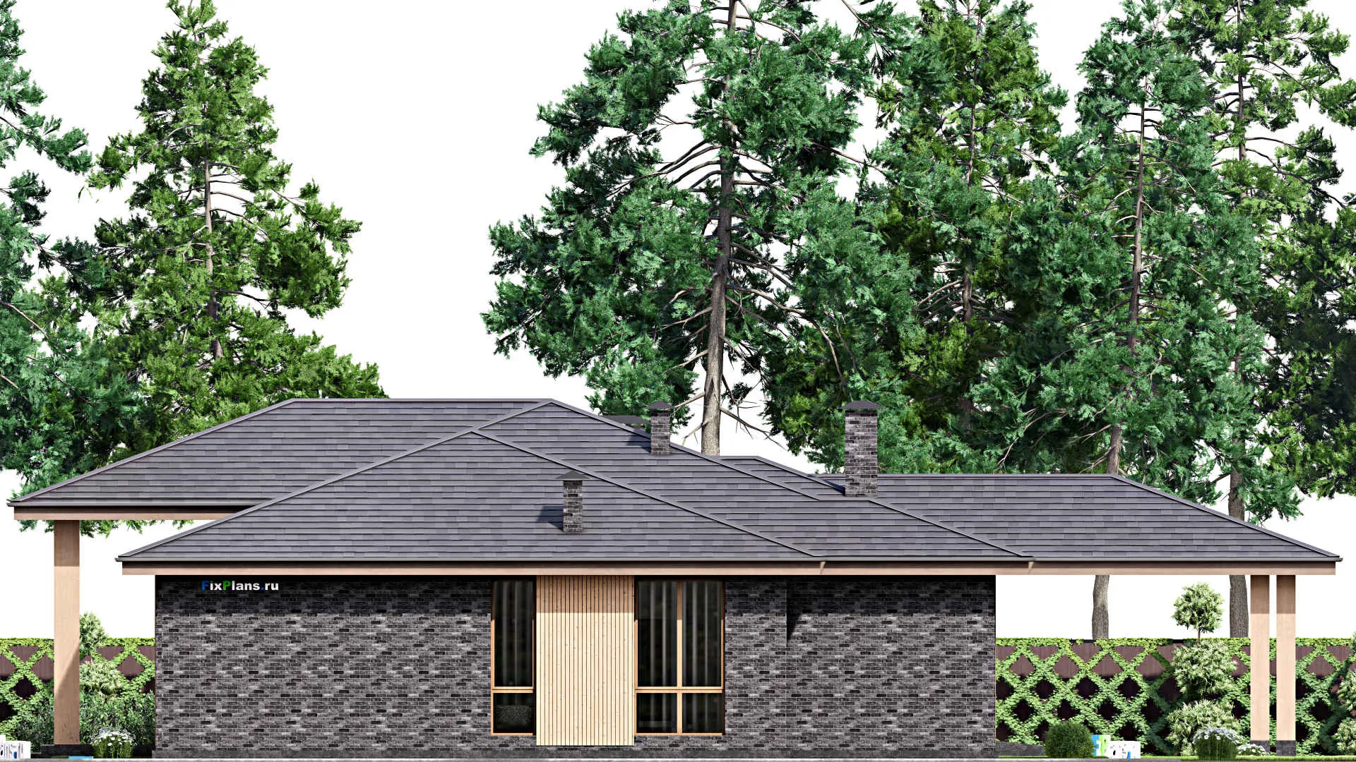 F-13580 - План одноэтажного дома 19 на 22, площадью 310 м² с гаражом на 2 машины и 3 спальнями