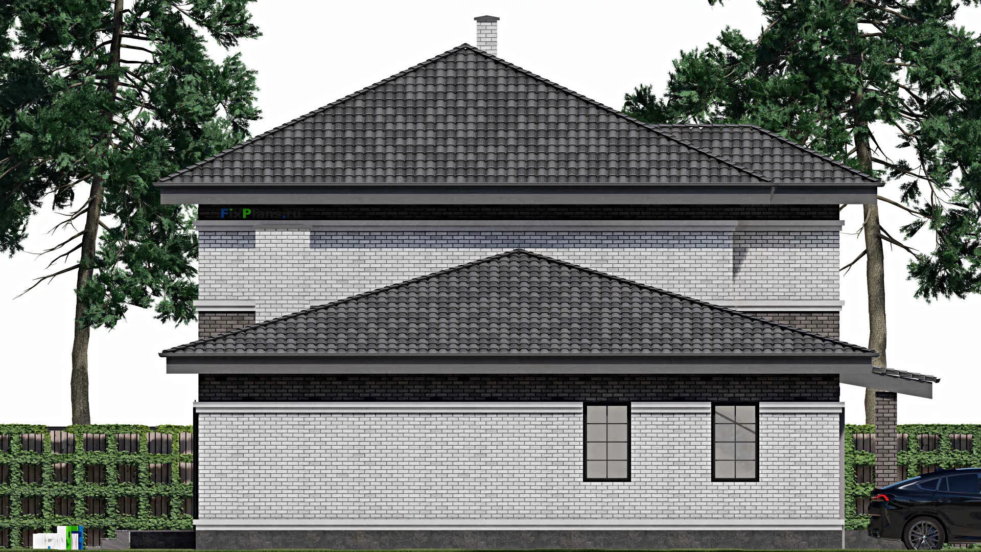 F-1772 - Планы двухэтажного дома 12 на 17, площадью 240 м² с террасой, гаражом на 2 машины и 4 спальнями