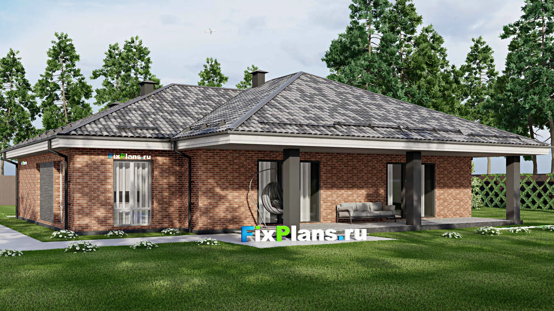 F-6551 - Проект одноэтажного дома 16 на 18, площадью 230 м² с террасой, гаражом на 2 машины и 3 спальнями