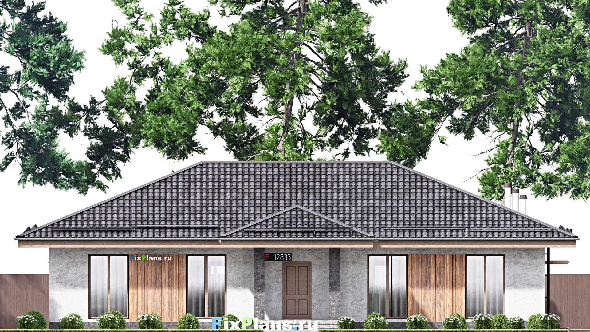 F-12833 - Проект одноэтажного дома 17 на 19, площадью 210 м² с террасой и 4 спальнями