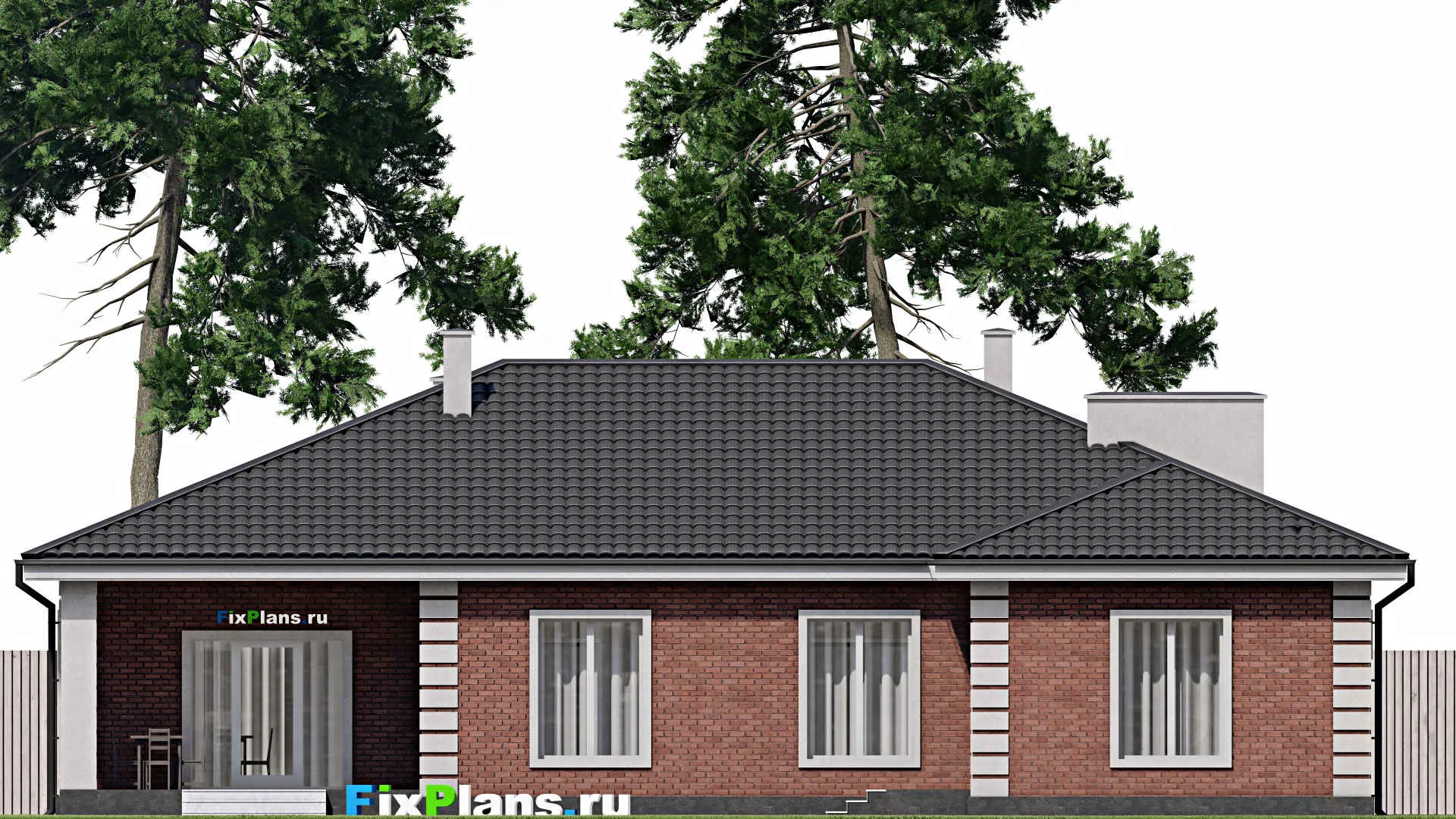 F-1205 - Проект одноэтажного дома 17 на 19, площадью 200 м² с террасой, баней, гаражом на 1 машину и 3 спальнями