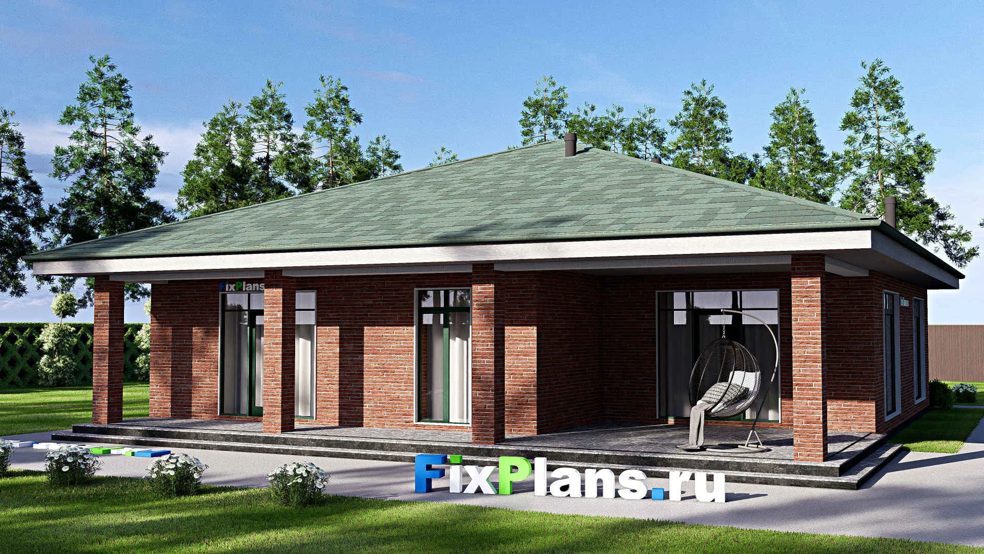 F-19016 - План одноэтажного дома 15 на 16, площадью 190 м² с террасой и 3 спальнями